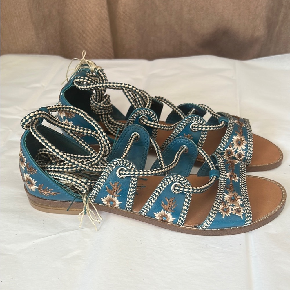 Forever 21 Lace Up Sandals Boho Embroidered Turquoise Women’s Size 6